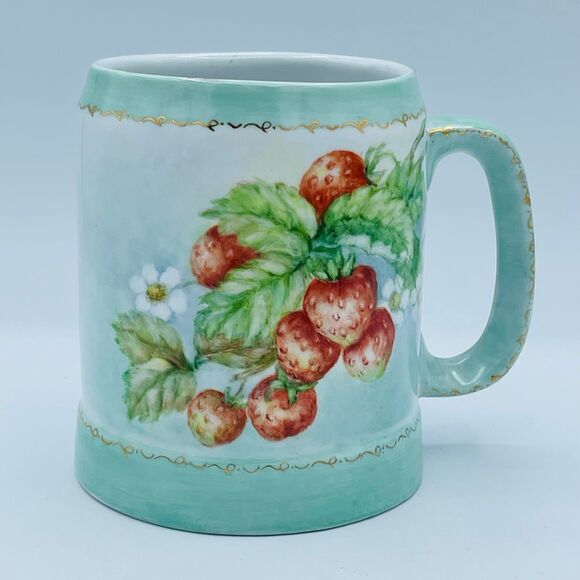 VTG Porcelain Baby Blue Tankard Mug Hand Painted Strawberries Vines Signed OOAK - Picture 1 of 8